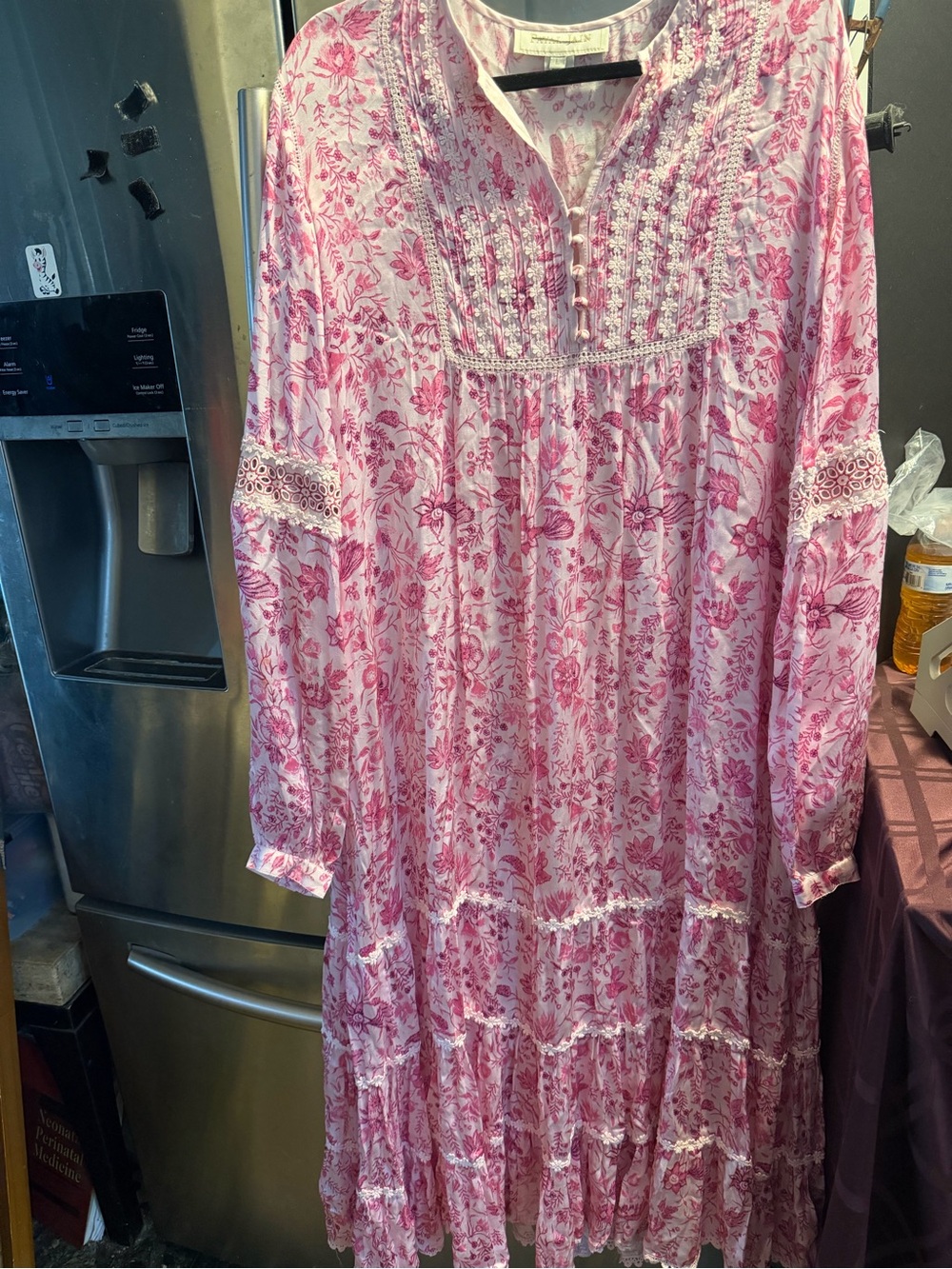 Pink Floral Tiered Maxi Dress with Lace Trim